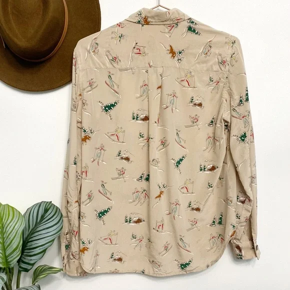 vintage | evan piccone skiing skating winter fun print silk blouse m - Picture 8 of 12
